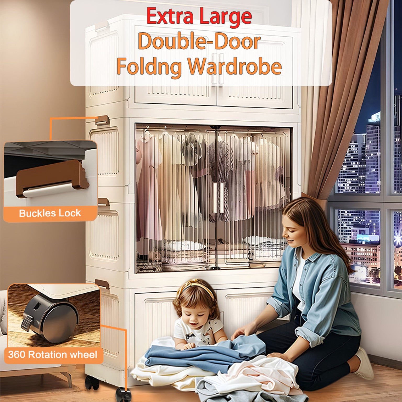 EVERYDAYZ-1-Wardrobe 4-Door 4-Shelf Plastic foldable Cupboard PC Collapsible